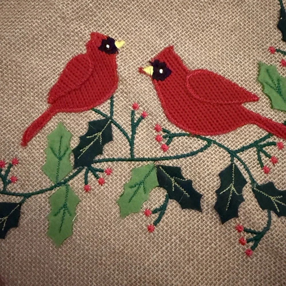 Burlap Pillow Cover Embroidered Cardinals & Holly Berries – 15.5